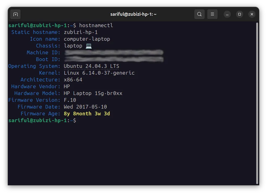 Terminal hostnamectl command output