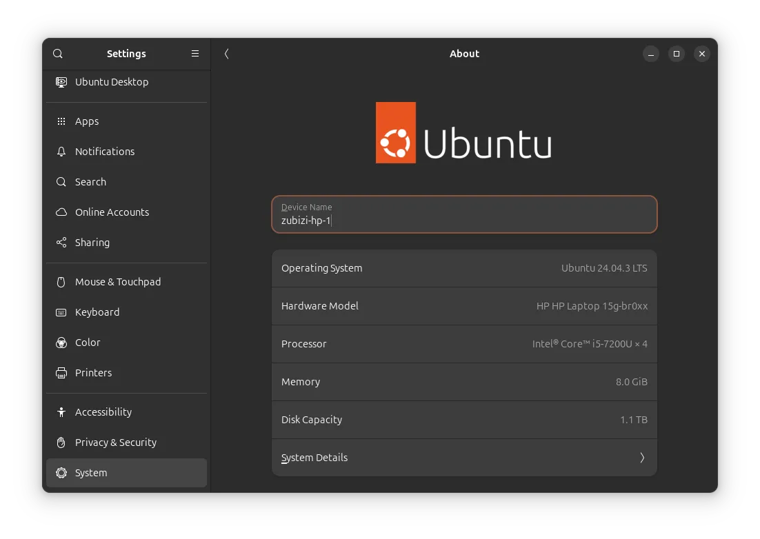 Ubuntu Settings About Page